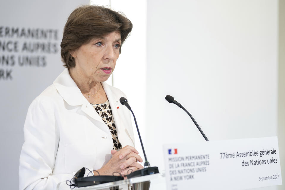 French Foreign Minister Catherine Colonna speaks at a press conference at the French Mission, Monday, Sept. 19, 2022, in New York. (AP Photo/Julia Nikhinson)