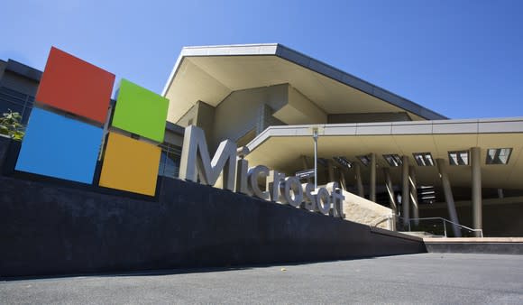 Microsoft logo and sign outside the company campus.