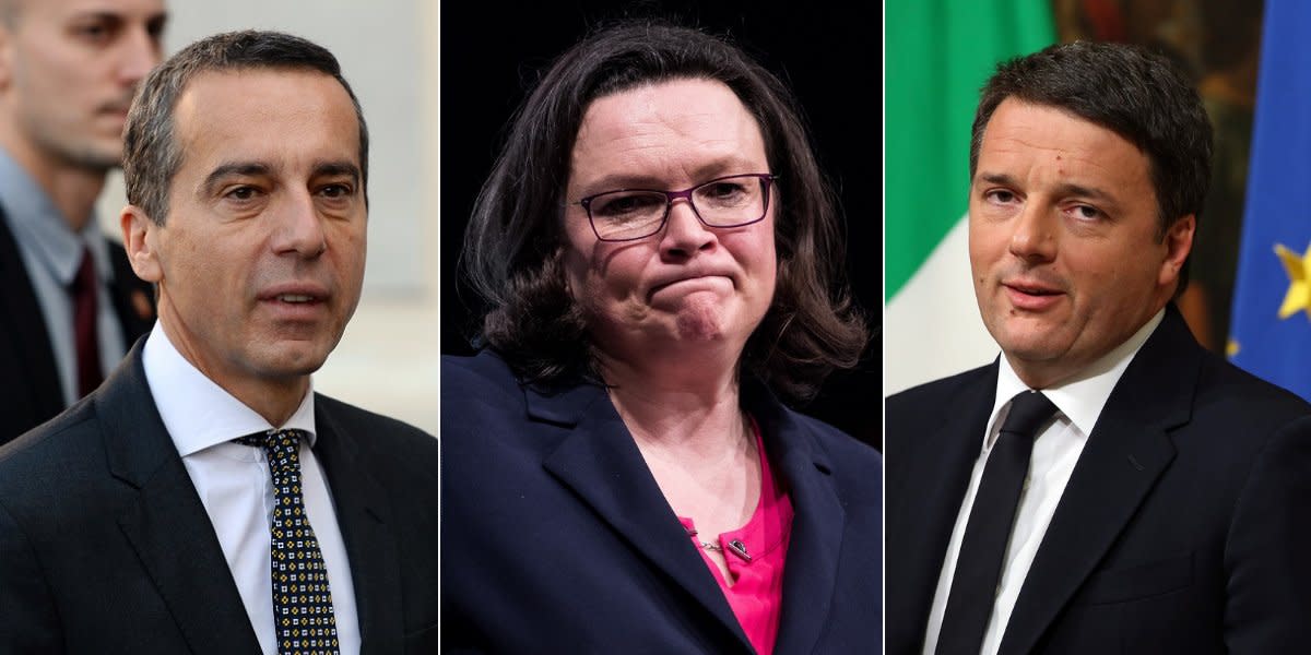 Könnten mit ihren Parteien in Europa Schiffbruch erleiden: (von links) Christian Kern (SPÖ), Andrea Nahles (SPD) und Matteo Renzi (PD).