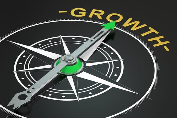 A compass pointing toward the word growth