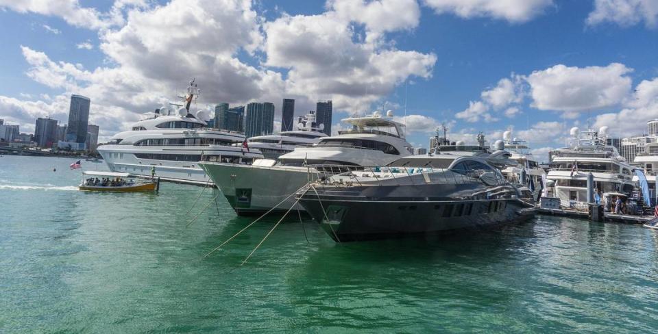 View of super Yachts at the Yacht Haven Grande dock, during the 2024 Discover Boating Miami International Boat Show, taking place in Miami and Miami Beach, till February 28, on Thursday, February 15, 2024.