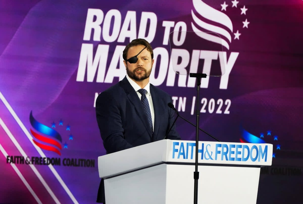 Dan Crenshaw speaks at a Republican-led event titled “Faith and Freedom Road to Majority” in Nashville, Tennessee, on 17 June 2022 (REUTERS)