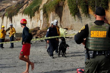 Emergency responders attend to a cliff collapse at a beach in Encinitas, California