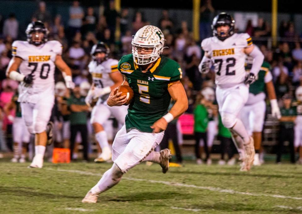 Logan Cardoso, 5, of Hilmar High works his way up field with Hughson Highs defense following Friday Oct. 20, 2023 night at Hilmar.