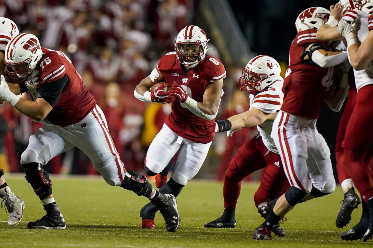 Wisconsin running back Braelon Allen (0) during the second half of an NCAA college football game against Nebraska Saturday, Nov. 20, 2021, in Madison, Wis. Wisconsin won 35-28. (AP Photo/Andy Manis)
