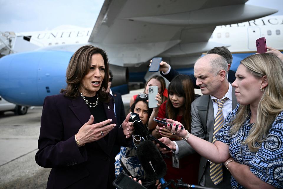 Harris steps off of Air Force Two upon arrival at Joint Base Andrews in Maryland (Reuters)