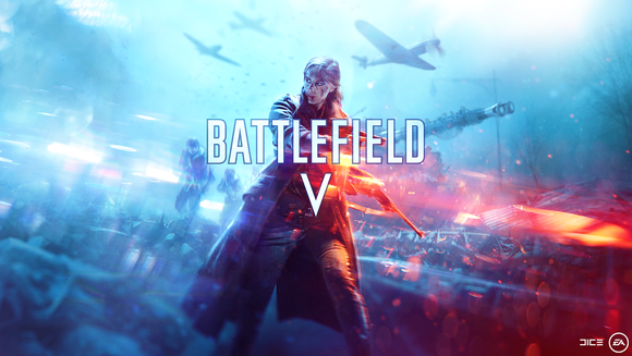 Artwork of Electronic Arts' Battlefield video game depicting a character in a war setting with the Battlefield five title displayed.