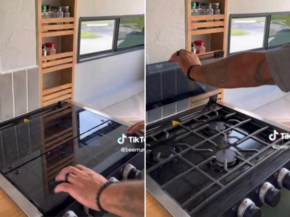 The couple added a stove cover, which creates more counter space when they're not cooking.