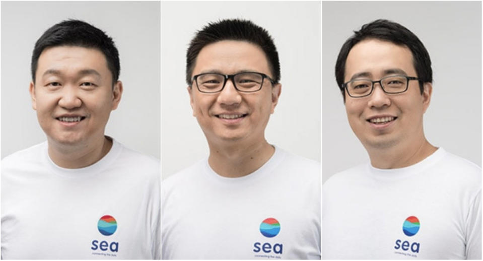 Sea Ltd.'s management: (from left) Forrest Li, Chairman and Group CEO, Gang Ye, Group Chief Operating Officer and David Chen, Chief Product Officer, Shopee. (Source: SEA Ltd.)