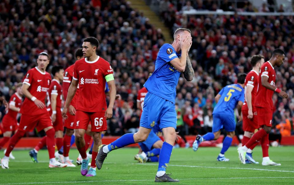 Gustaf Nilsson of Union Saint-Gilloise reacts after a missed chance