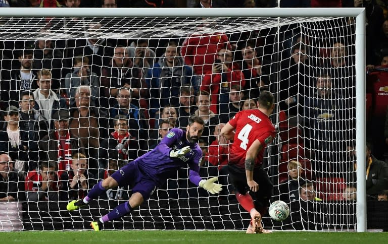 Phil Jones missed the crucial spot-kick as Derby eliminated Manchester United from the League Cup on penalties