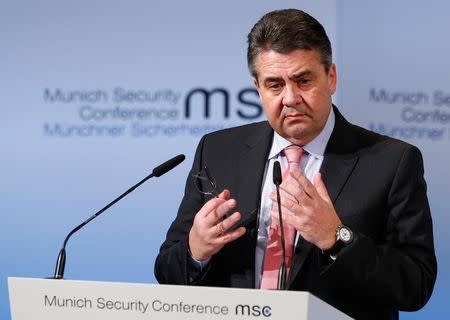 Germany's Foreign Minister Sigmar Gabriel delivers his speech during the 53rd Munich Security Conference in Munich, Germany, February 18, 2017. REUTERS/Michaela Rehle