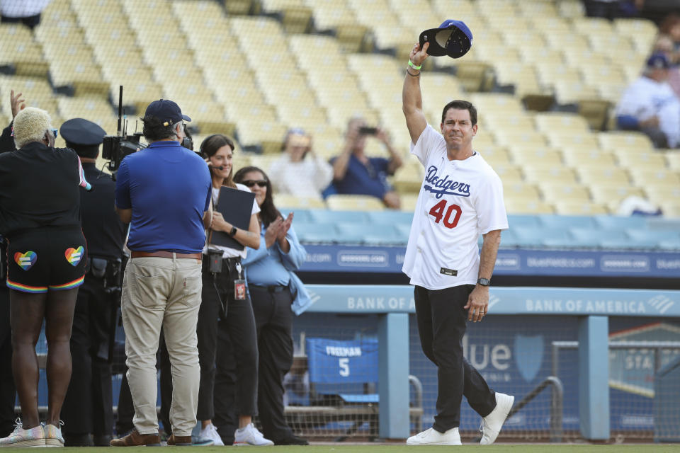 LOS ANGELES, CALIFORNIA - JUNE 16: Former Dodger player Billy Bean is recognized for Pride Night before the game between the Los Angeles Dodgers and the San Francisco Giants at Dodger Stadium on June 16, 2023 in Los Angeles, California. (Photo by Meg Oliphant/Getty Images)