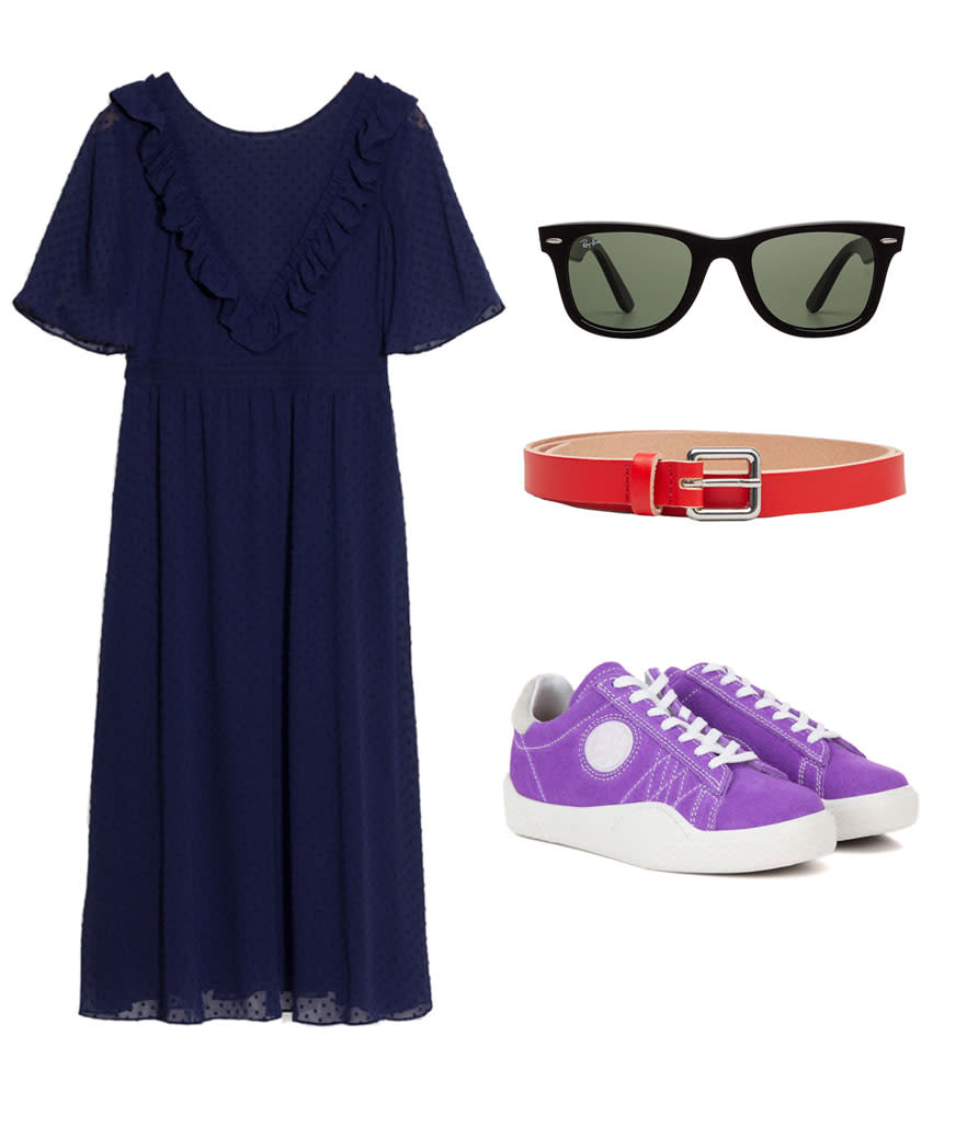 <p>Choose a navy maxi dress like Heilbrunner’s and accessorize with black Wayfarers and a bold colored belt — a Chanel version like the one she’s wearing isn’t exactly budget friendly. That said, you can actually get Heilbrunner’s exact Eytys sneakers on sale for 60% off on <a rel="nofollow noopener" href="https://www.mytheresa.com/en-us/eytys-wave-suede-sneakers-771280.html?utm_source=affiliate&utm_medium=polyvore.us#designer#" target="_blank" data-ylk="slk:mytheresa.com;elm:context_link;itc:0;sec:content-canvas" class="link ">mytheresa.com</a>. </p>