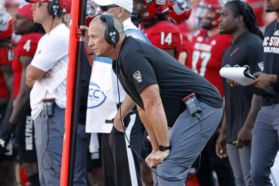 North Carolina State head coach Dave Doeren watches from the sideline during the second half of an NCAA college football game against Marshall in Raleigh, N.C., Saturday, Oct. 7, 2023. (AP Photo/Karl B DeBlaker)