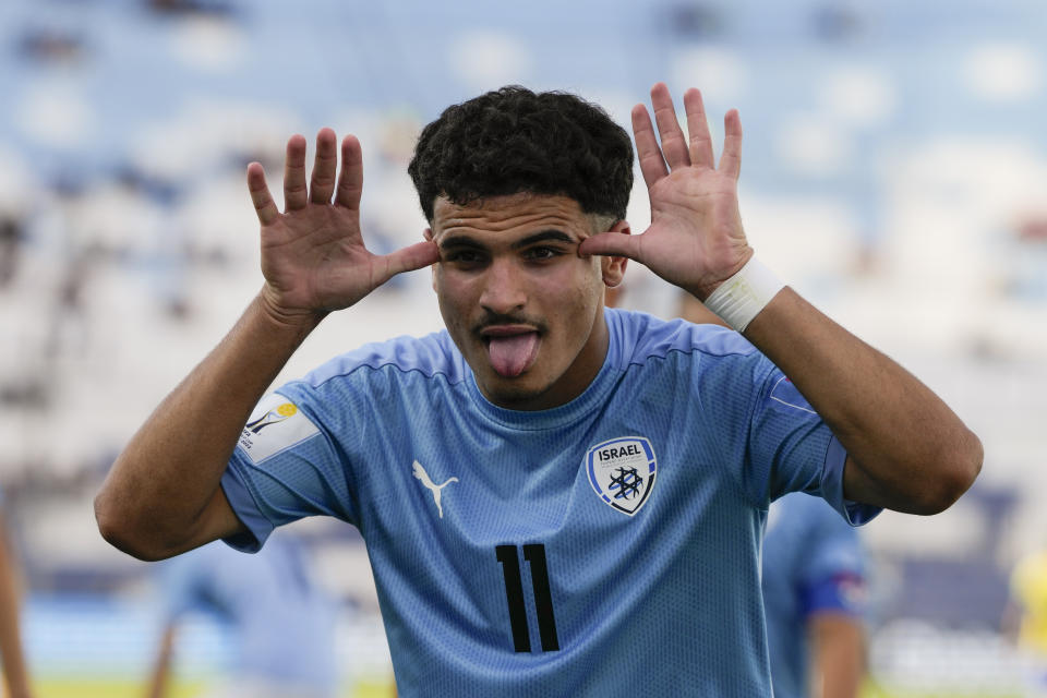 Israel's Hamza Shibli celebrates after scoring his side's 2nd goal during the extra time of a FIFA U-20 World Cup quarterfinal soccer match against Brazil at the Bicentenario stadium in San Juan, Argentina, Saturday, June 3, 2023. (AP Photo/Ricardo Mazalan)