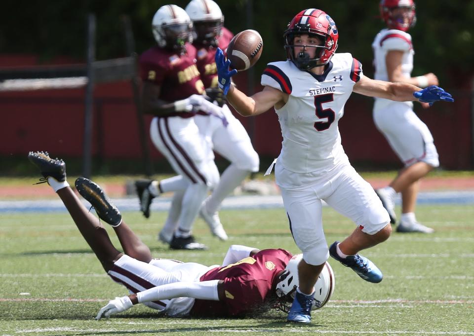 Gjok Dedvukaj, pictured earlier this season against Christ the King, had eight catches in Stepinac's 24-3 win over DePaul Catholic in the Battle of the Bridge at Rutgers University on Sept. 17, 2022.
