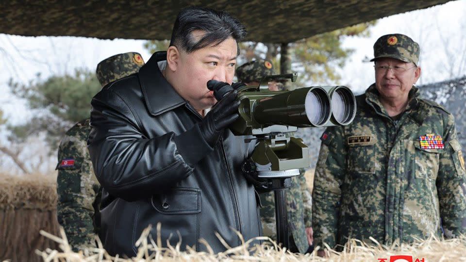 Kim Jong Un inspects the artillery firing drill of the Korean People's Army (KPA) large combined units on March 7. - KCNA