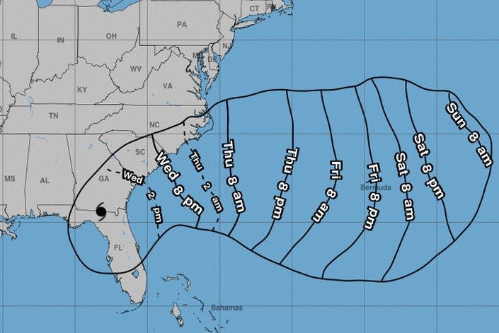 This image from the National Hurricane Center shows the earliest reasonable arrival times for tropical storm-force winds based on an 11 a.m. Wednesday update