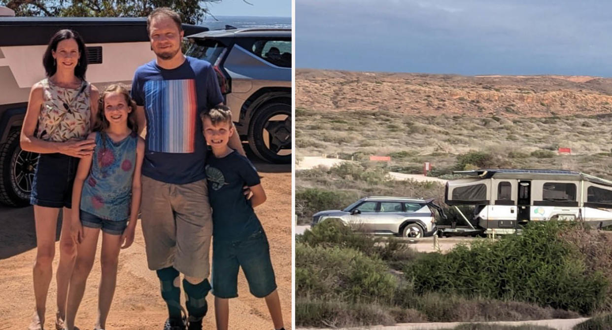 Left: Tim and Renee McLennan with kids standing in front of Kia EV9 and solar caravan. Right: Family's Kia EV9 and solar caravan on outback road. 