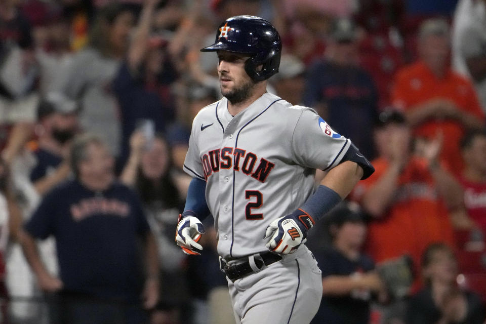 Houston Astros' Alex Bregman rounds the bases after hitting a grand slam during the ninth inning of a baseball game against the St. Louis Cardinals Thursday, June 29, 2023, in St. Louis. (AP Photo/Jeff Roberson)