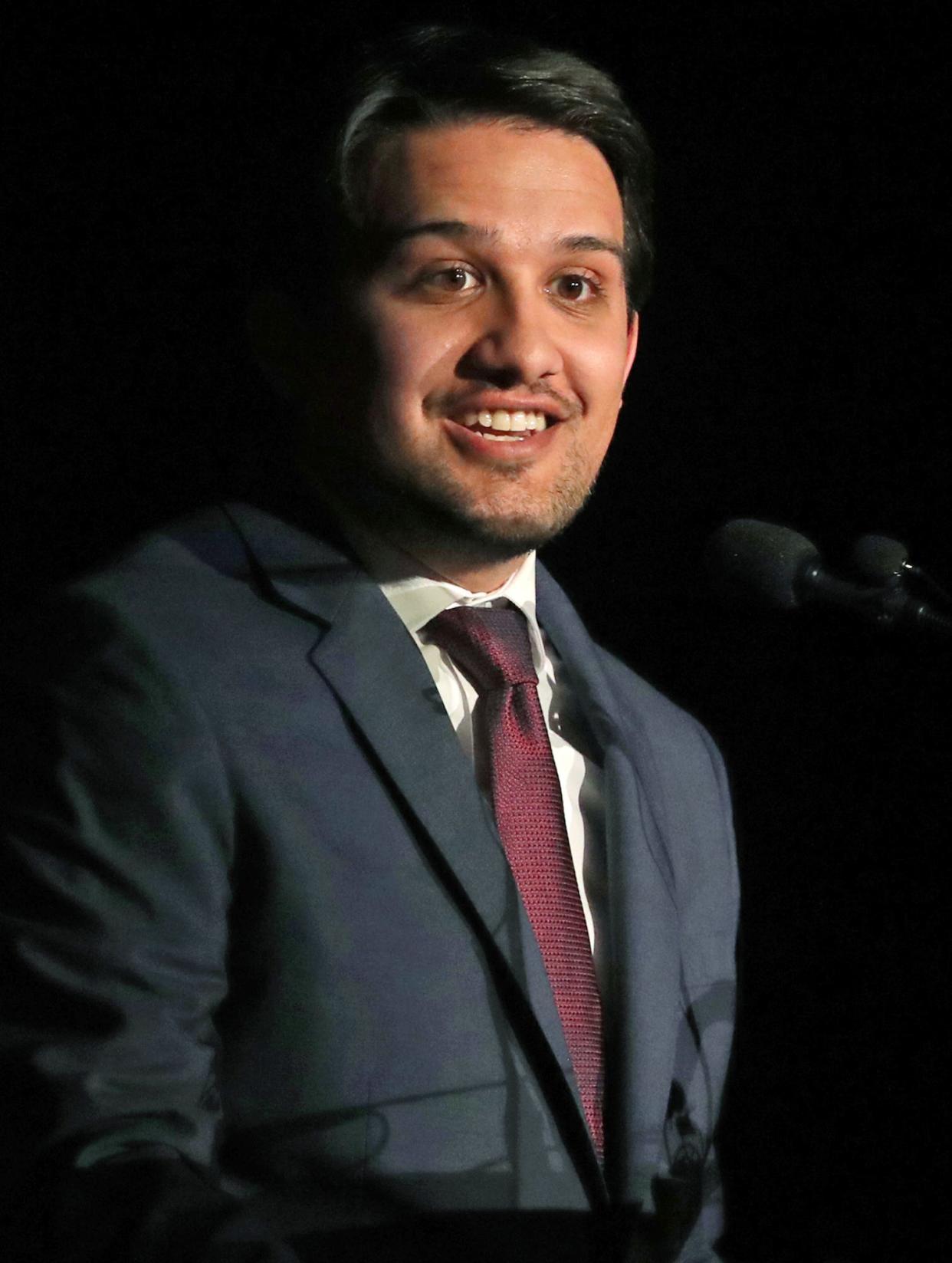 Akron Mayor Shammas Malik pauses as he delivers the State of the City Address at The Civic Theatre on April 10 in Akron.