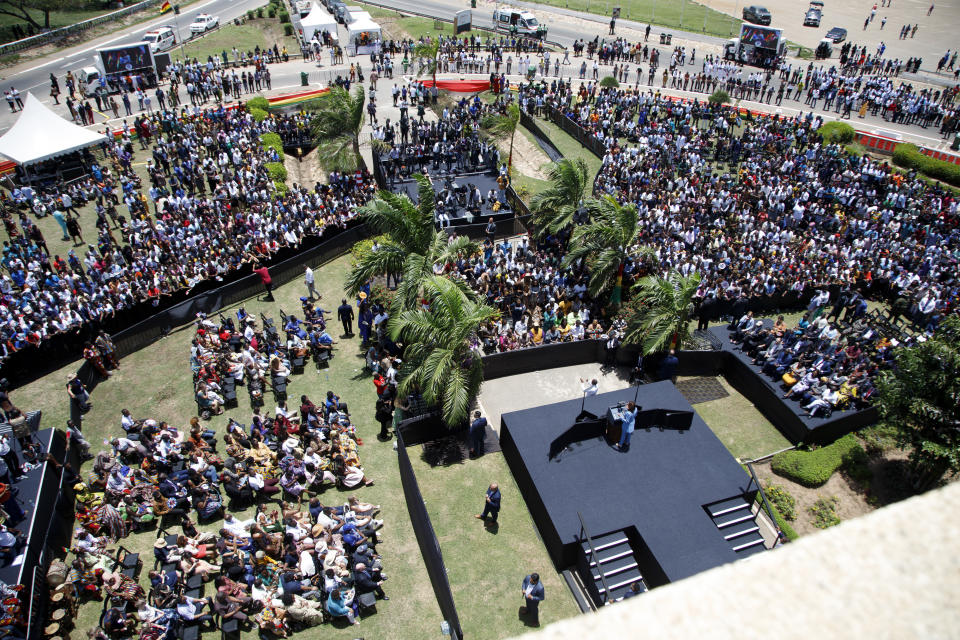 U.S. Vice President Kamala Harris addresses youth gathered on Black Star square in Accra, Ghana, Tuesday March 28, 2023. Harris is on a seven-day African visit that will also take her to Tanzania and Zambia. (AP Photo/Misper Apawu, Pool)