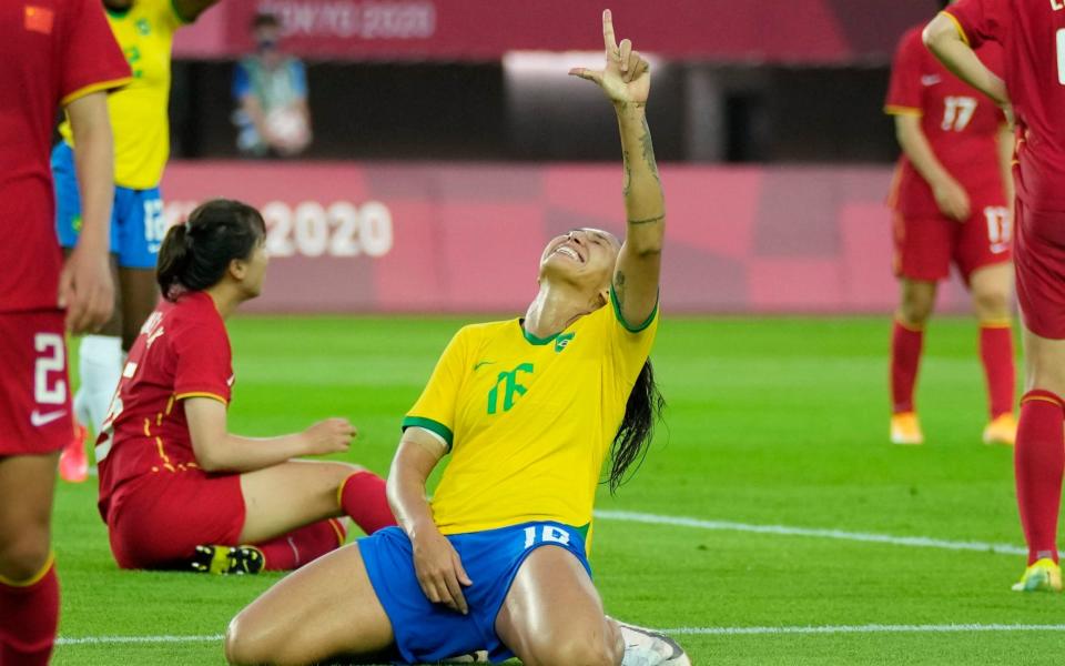 Brazil's Beatriz celebrates scoring her side's 5th goal  - AP