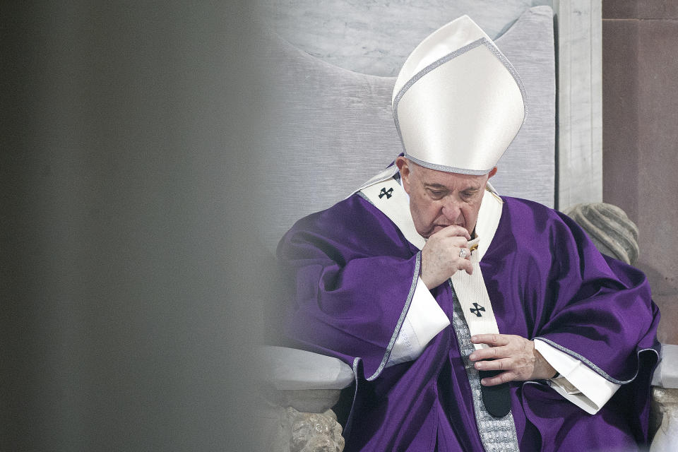 VATICAN CITY, VATICAN - FEBRUARY 26: Pope Francis celebrates Ash Wednesday Service at Santa Sabina Basilica, on February 26, 2020 in Vatican City, Vatican. (Photo by Vatican Pool/Getty Images)