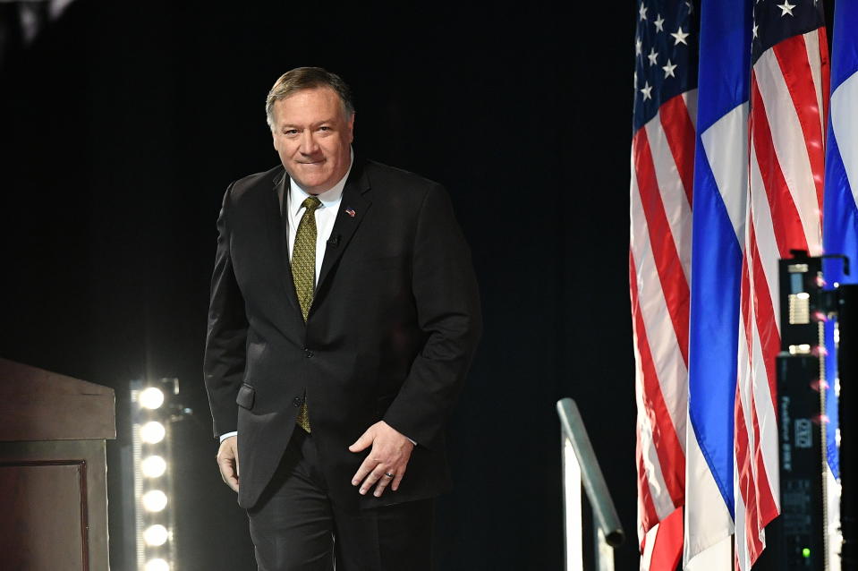 Secretary of State Mike Pompeo leaves the stage after speaking on Arctic policy at the Lappi Areena in Rovaniemi, Finland, Monday, May 6, 2019. Pompeo is in Rovaniemi to attend the Arctic Council Ministerial Meeting. (Mandel Ngan/Pool photo via AP)
