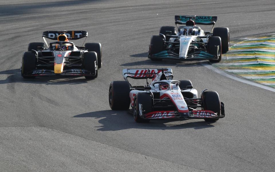 Haas' Kevin Magnussen ahead of Red Bull's Max Verstappen and Mercedes' George Russell - Mercedes' George Russell during sprint qualifying REUTERS/Amanda Perobelli