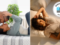 An image of two people laying on a Leesa mattress next to an image of one person laying on a Tuft & Needle mattress.