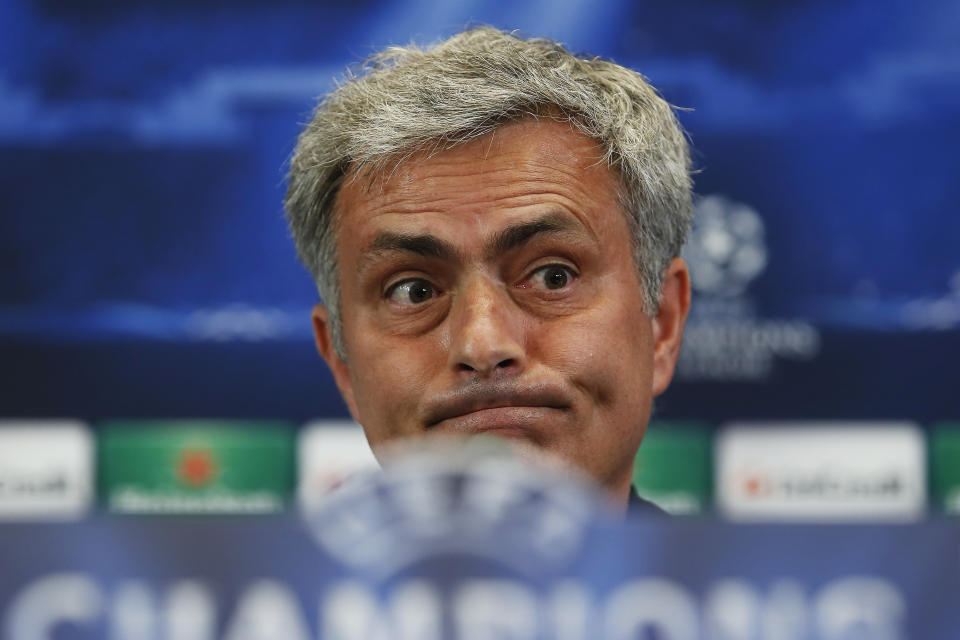 Chelsea's coach Jose Mourinho from Portugal gestures during a press conference ahead of Tuesday's Champions League, semifinal, first leg, soccer match against Atletico Madrid, at the Vicente Calderon stadium, in Madrid, Spain, Monday, April 21, 2014. (AP Photo/Andres Kudacki)