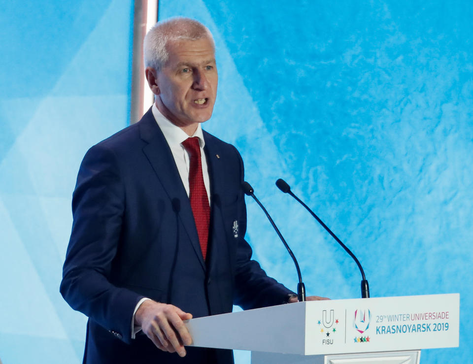 International University Sports Federation (FISU) President Oleg Matytsin speaks at the opening ceremony for the 29th Winter Universiade at the Platinum Arena in Krasnoyarsk