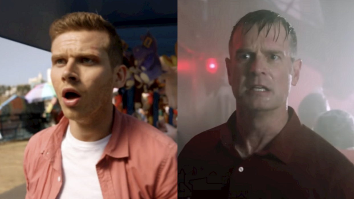  Oliver Stark as Buck facing the tsunami and Peter Krause as Bobby on the cruise ship on 9-1-1. 