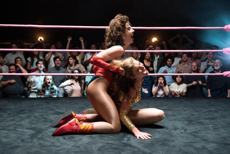 The Gorgeous Ladies of Wrestling inspired the Netflix wrestling comedy "GLOW," which ran for three seasons. The series is loosely based on the experiences of the real women. In this scene, Ruth (Alison Brie) takes it to her frenemy Debbie (Betty Gilpin)