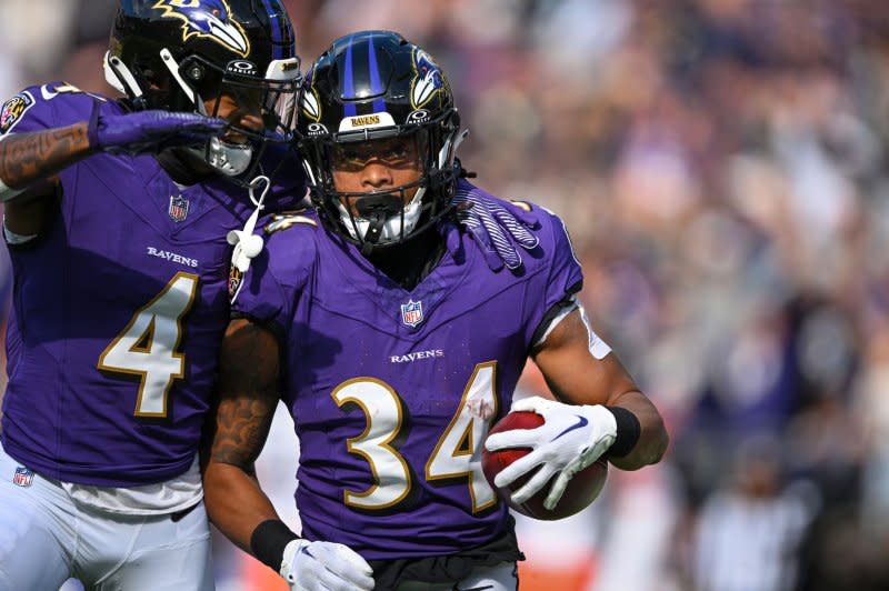 Baltimore Ravens running back Keaton Mitchell (34) sustained a season-ending knee injury in Week 15. File Photo by David Tulis/UPI