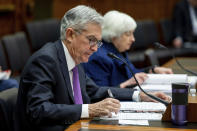 Federal Reserve Chairman Jerome Powell and Treasury Secretary Janet Yellen, listen to lawmakers during a House Committee on Financial Services hearing on Capitol Hill in Washington, Wednesday, Dec. 1, 2021. (AP Photo/Amanda Andrade-Rhoades)