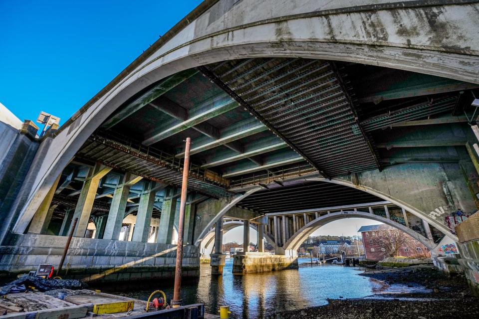 The underside of the western end of Washington Bridge, which closed to westbound traffic on Monday. Last Friday an engineer working on site noticed and reported the failure of one of the anchor pins that hold beams in place.