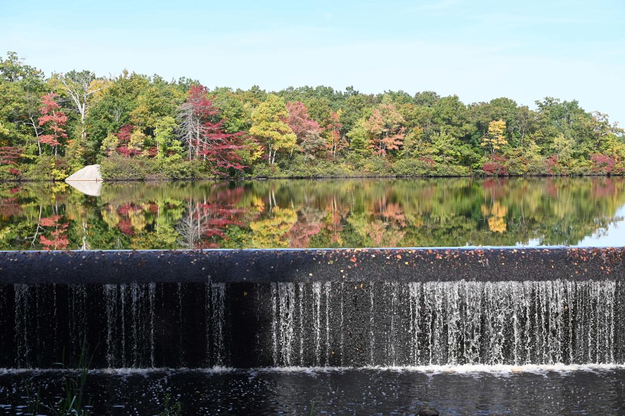 Foliage is reflected in the water at Ames Nowell State Park in Abington on Tuesday, Oct. 12, 2021.