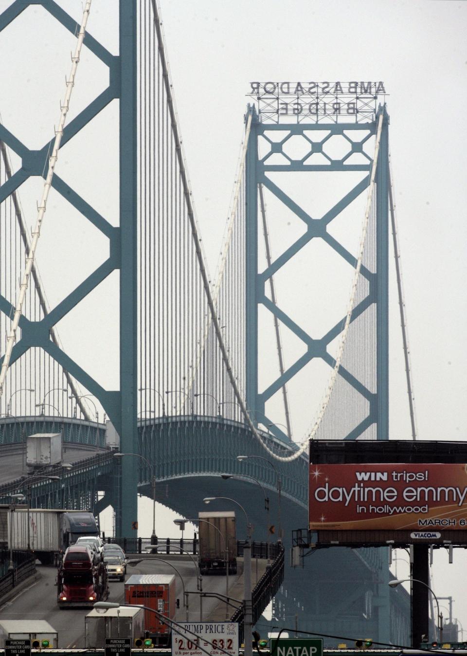 Traffic passes over the Ambassador Bridge.