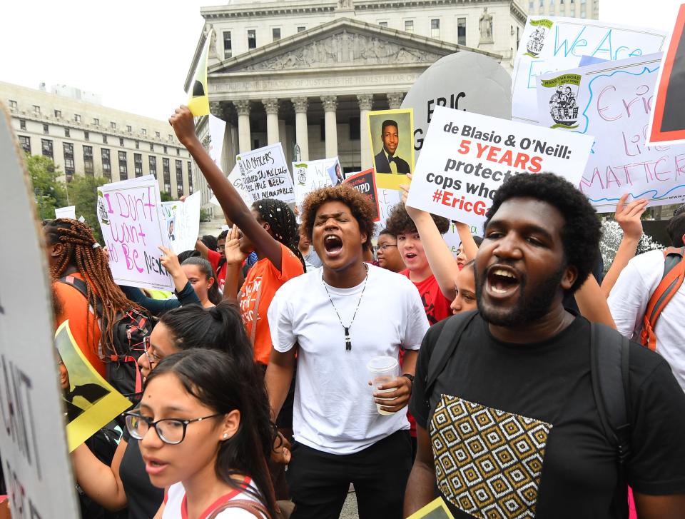 People participate in a protest to mark the five-year anniversary of the death of Eric Garner on July 17, 2019, in New York.