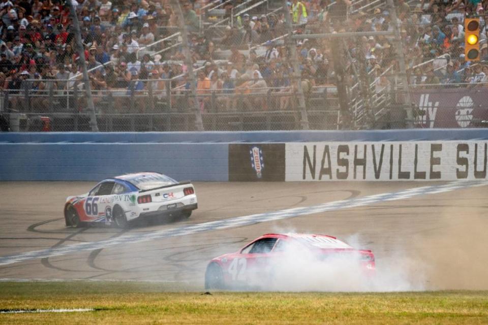 NASCAR Cup Series driver John Hunter Nemechek struggles to get back on the track during the Ally 400 at Nashville Superspeedway in Lebanon, Tenn., Sunday, June 30, 2024.