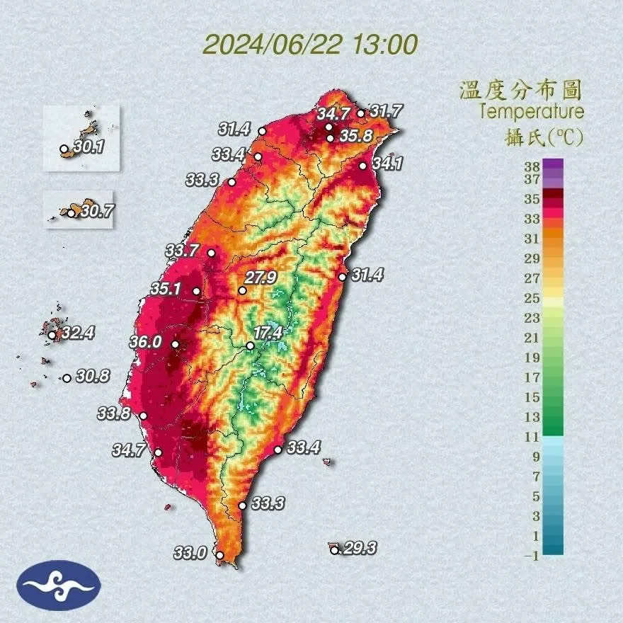 <strong>氣象署22日公布全台高溫紀錄，下午1時全台一片紅通通宛如「烤番薯」。（圖／翻攝自中央氣象署官網）</strong>