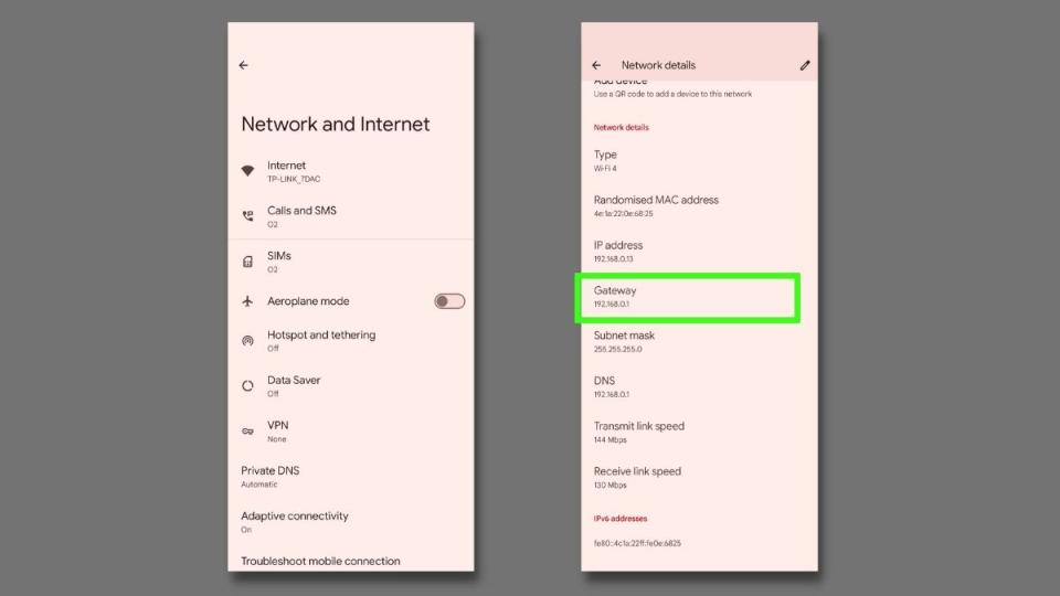 Screenshot showing how to find IP address and Gateway details on an Android phone