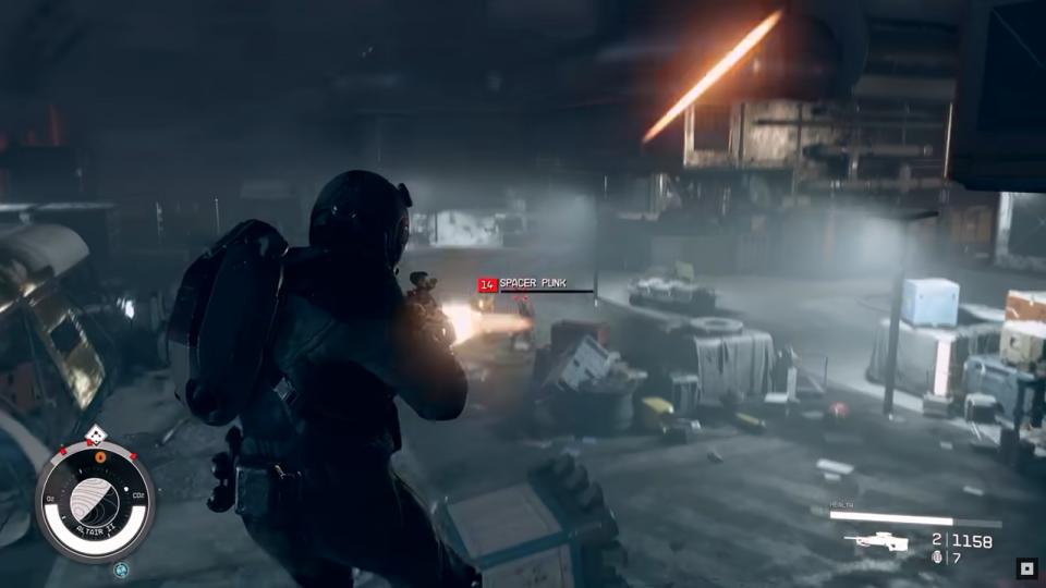 Screenshot from the sci-fi game Starfield. Here we see a figure in a spacesuit jumping in the air firing at a 'Spacer Punk' enemy. In the bottom left corner a round oxygen gauge and on the bottom right is a health bar and ammo counter.