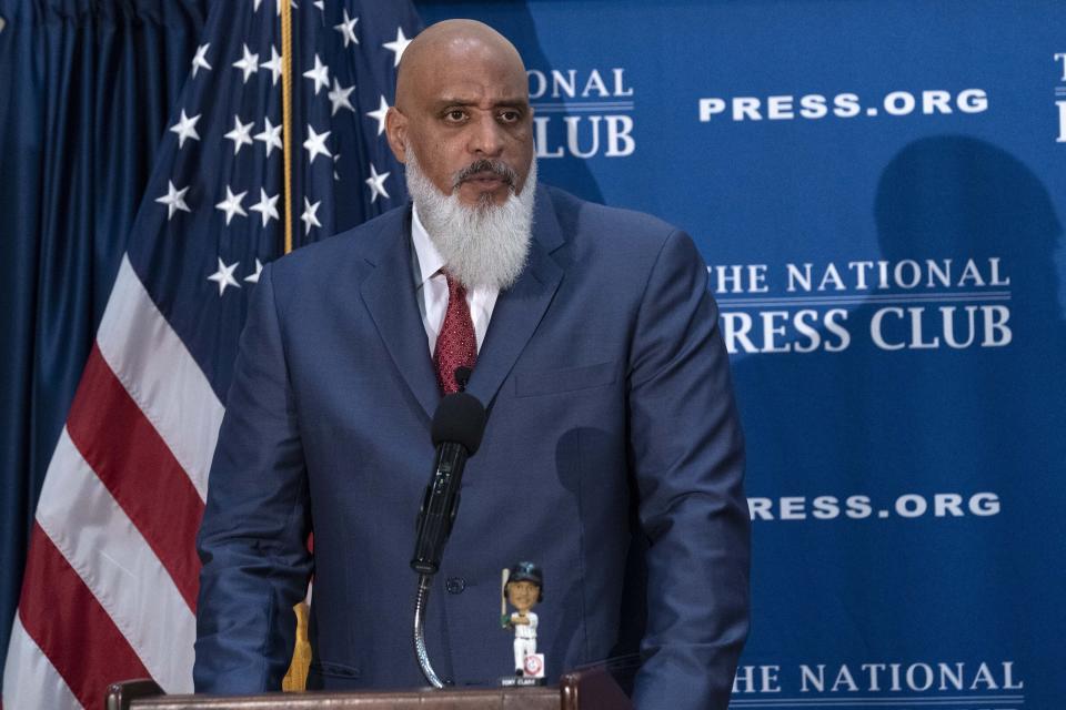 Executive Director of the Major League Baseball Players Association Tony Clark speaks during a news conference at the Press Club in Washington, Wednesday, Sept. 7, 2022. (AP Photo/Jose Luis Magana)