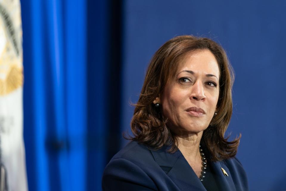 Vice President Kamala Harris speaking with reporters.