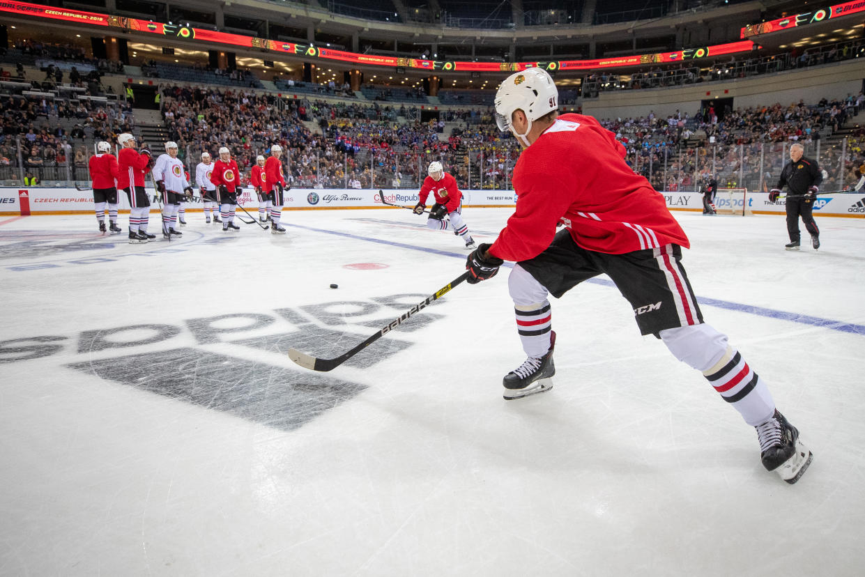 PRAGUE, Czech Republic - Drake Caggiula #91 of the Chicago Blackhawks practices before their Global Series Challenge game against the Philadelphia Flyers at O2 Arena on October 3, 2019 in Prague, Czech Republic. (Photo by Chase Agnello-Dean/NHLI via Getty Images)