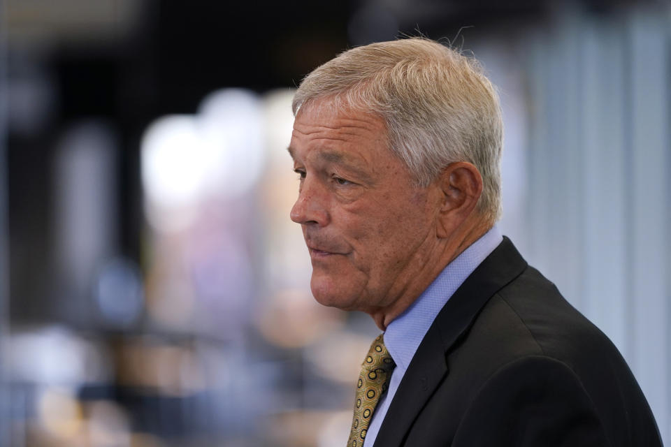 Iowa coach Kirk Ferentz speaks to reporters during a college football media day, Friday, Aug. 12, 2022, in Iowa City, Iowa. (AP Photo/Charlie Neibergall)